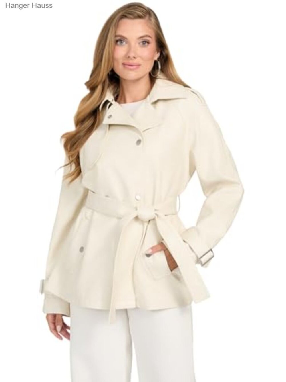 Genuine Faux Leather Short Trench Coat with Belt, Button Closure, Long Sleeve